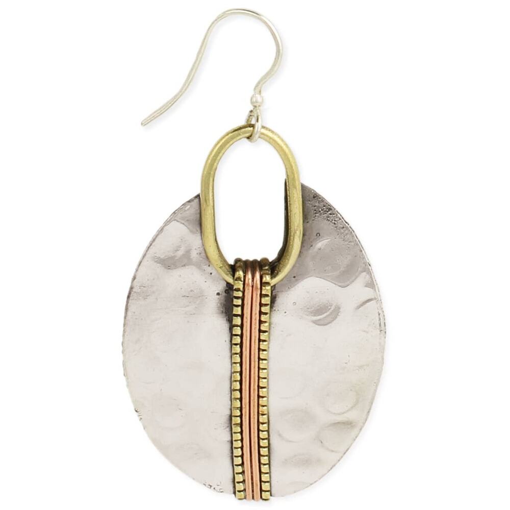Silver Oval Dangle Earrings Mixed Metal Hammered
